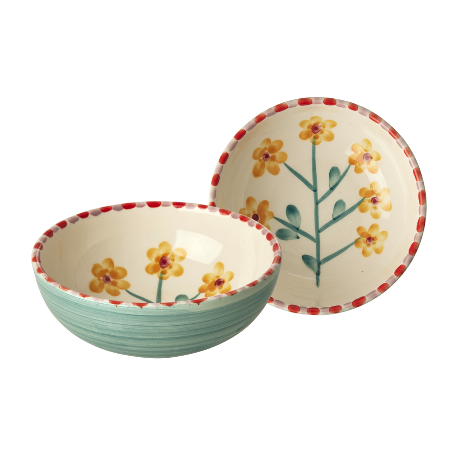 Ceramic Bowl - Jade  - Hand Painted Yellow Flowers