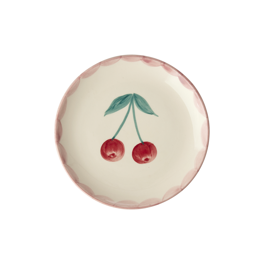 Ceramic Cake Plate - Cream - Hand Painted Cherries