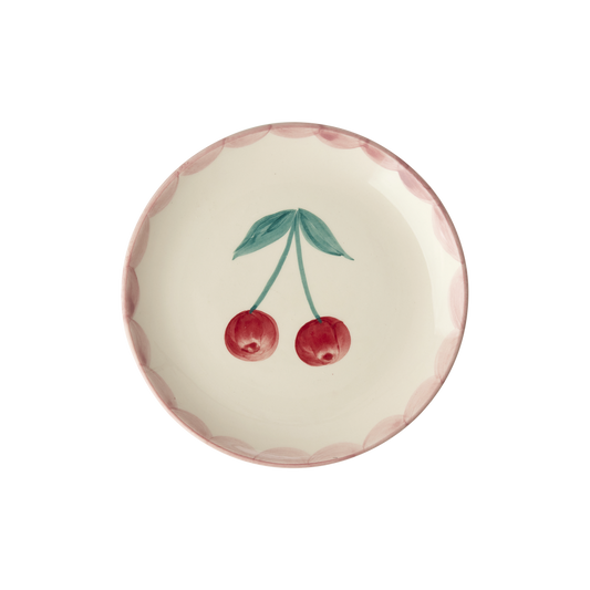 Ceramic Cake Plate - Cream - Hand Painted Cherries