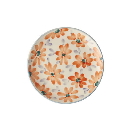 Ceramic Cake Plate  - Orange  - Hand Painted Flowers