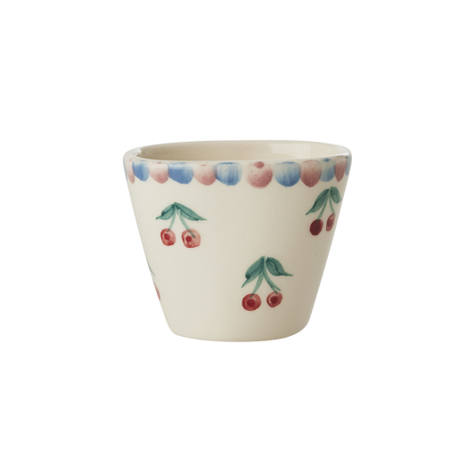 Small Oval Ceramic Espresso Cup - Cream- Hand Painted Cherries