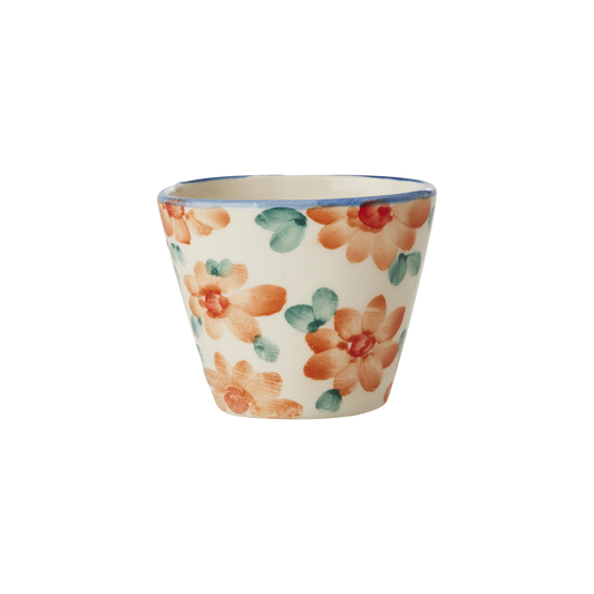 Small Oval Ceramic Espresso Cup - Orange - Hand Painted Flowers