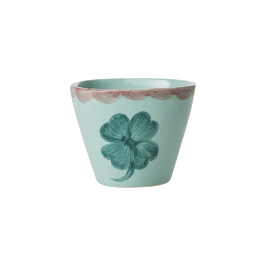 Small Oval Ceramic Espresso Cup  - Soft Green - Hand Painted Clover