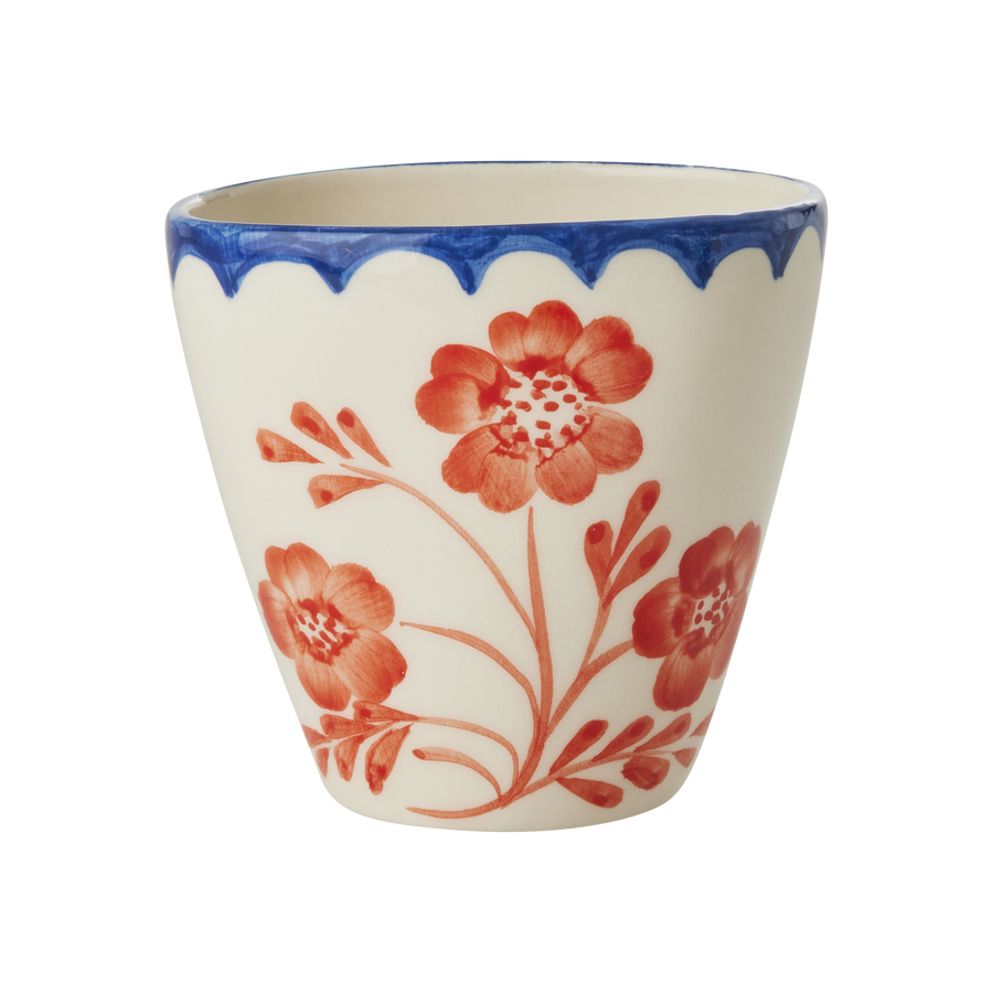 Oval Ceramic Cup - Cream - Hand Painted Vintage Flowers