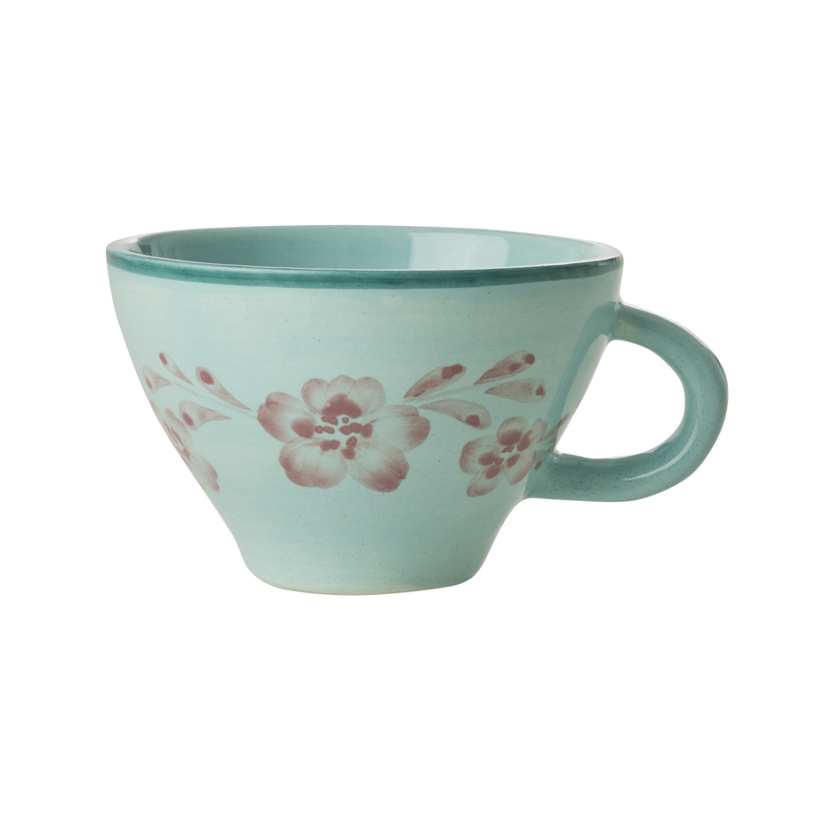 Ceramic Tea Cup - Soft Green - Hand Painted Soft Pink Flower