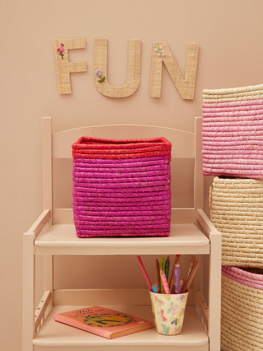 Raffia Basket in Pink with Red Border