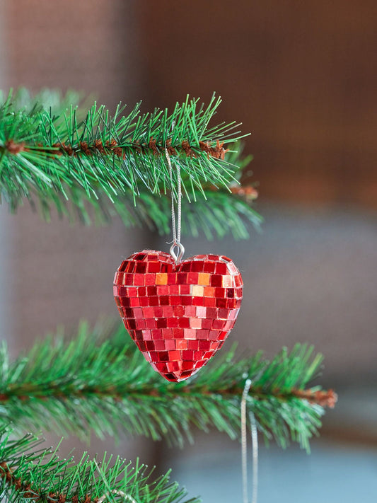 Small Heart Disco Ball Decoration - Red