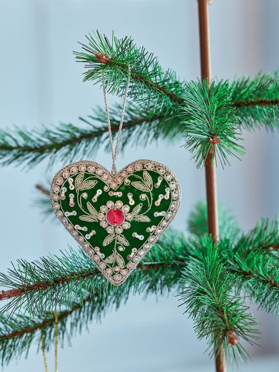 Velvet Heart Christmas Decoration - Green
