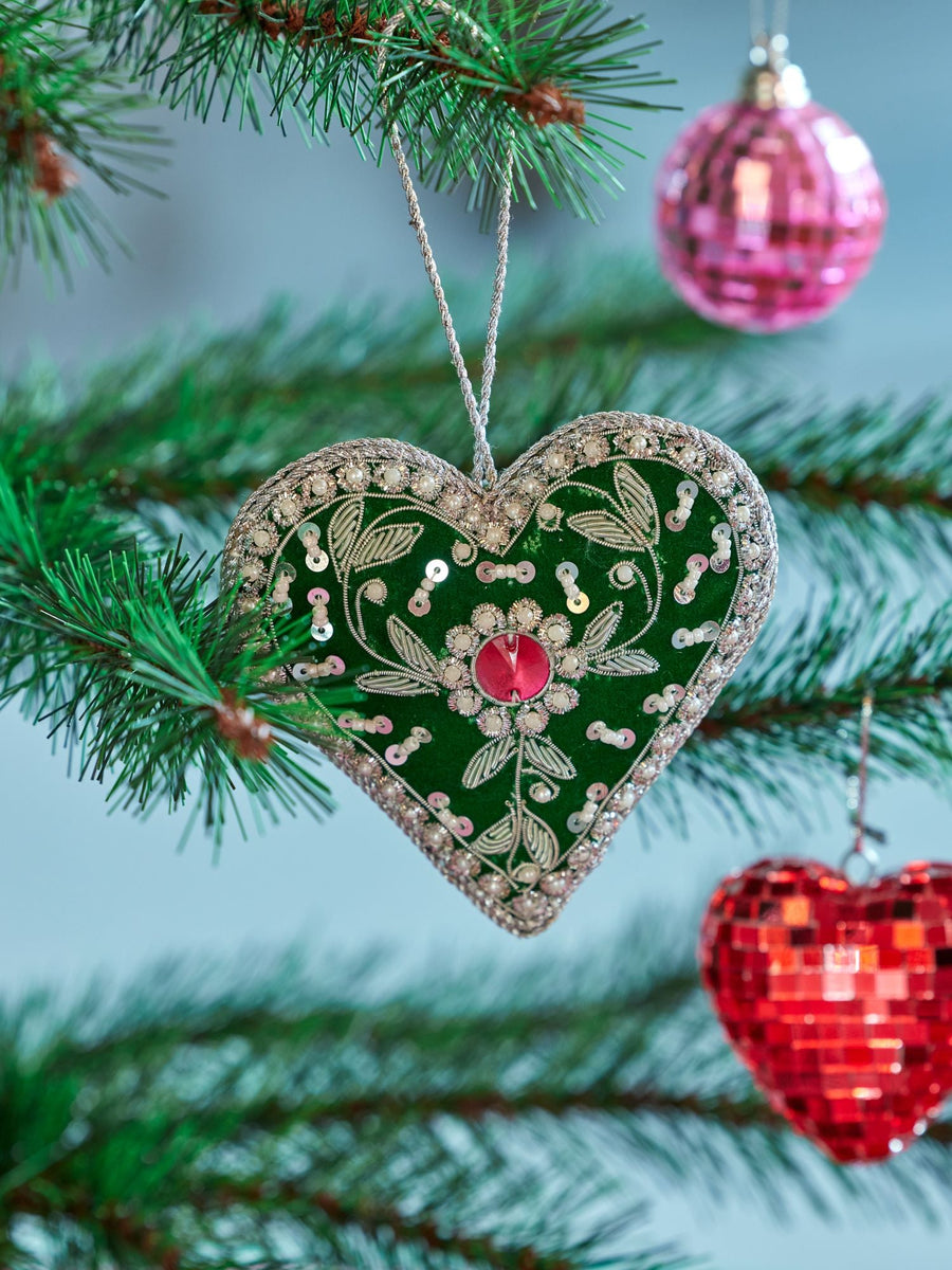 Velvet Heart Christmas Decoration - Green