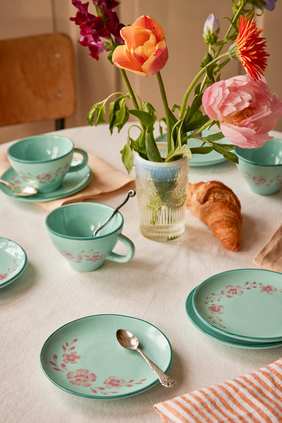 Ceramic Tea Cup - Soft Green - Hand Painted Soft Pink Flower