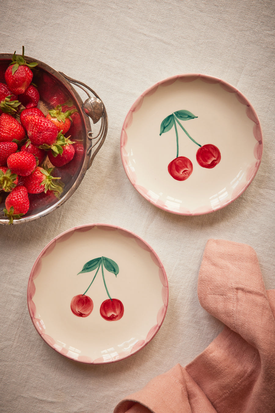 Ceramic Cake Plate - Cream - Hand Painted Cherries