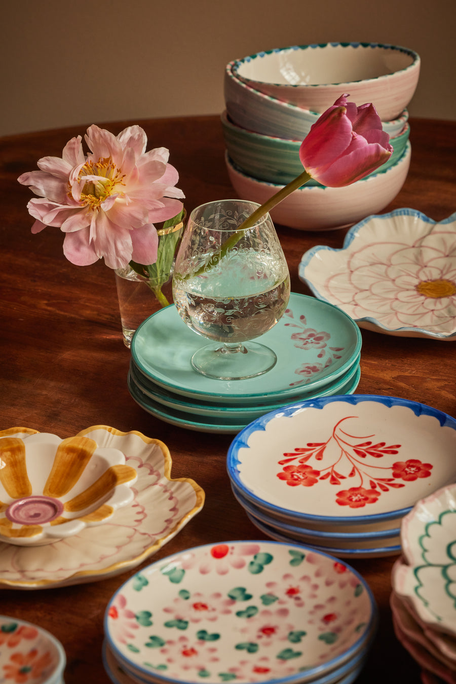 Ceramic Cake Plate - Cream- Hand Painted Vintage Flowers