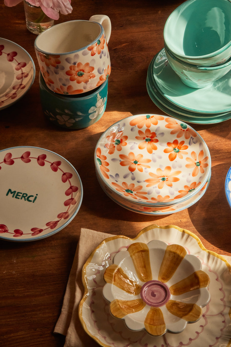 Ceramic Cake Plate  - Orange  - Hand Painted Flowers