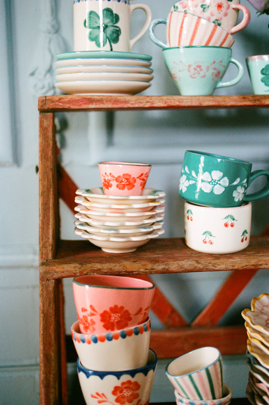 Small Oval Ceramic Espresso Cup - Pink - Hand Painted Flowers