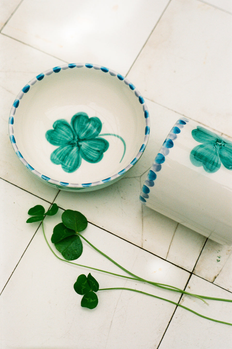 Ceramic Bowl  - Soft Green  - Hand Painted Clover