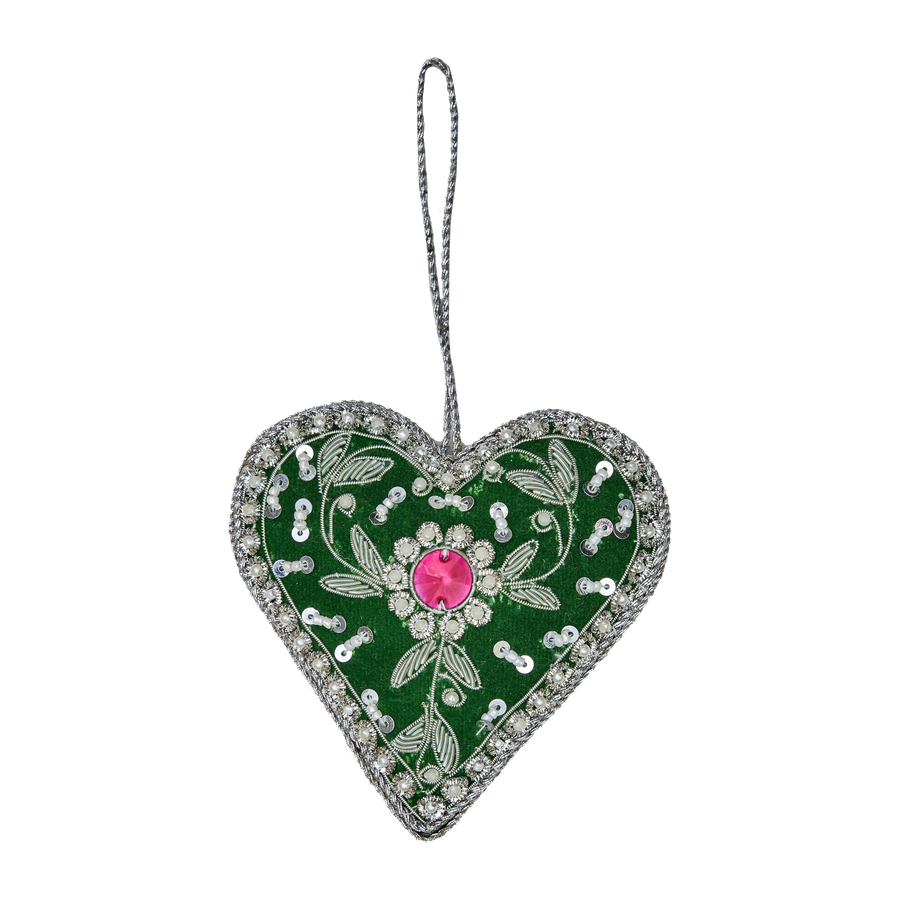 Velvet Heart Christmas Decoration - Green