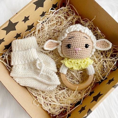 Baby Lamb Rattle and Handmade Booties Gift Set
