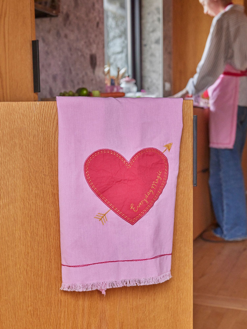 Pink Cotton Heart Tea Towel