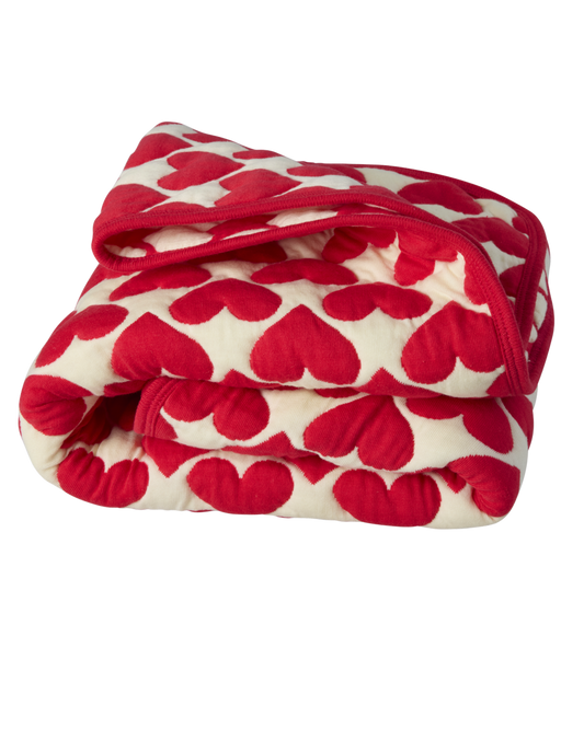 Kids Quilted Blanket in Heart Pattern - Cream and Red