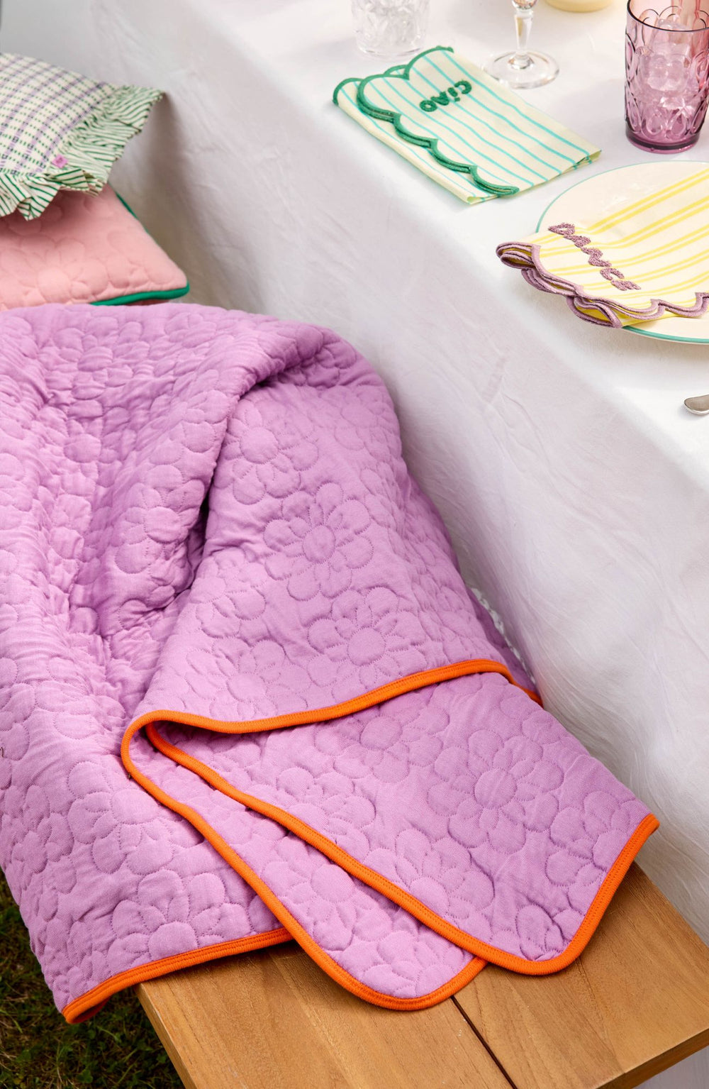 Quilt Blanket in Flower Pattern in Purple with Orange Trim