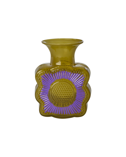 Glass Vase with Embossed Flower Design in Curry - 1L