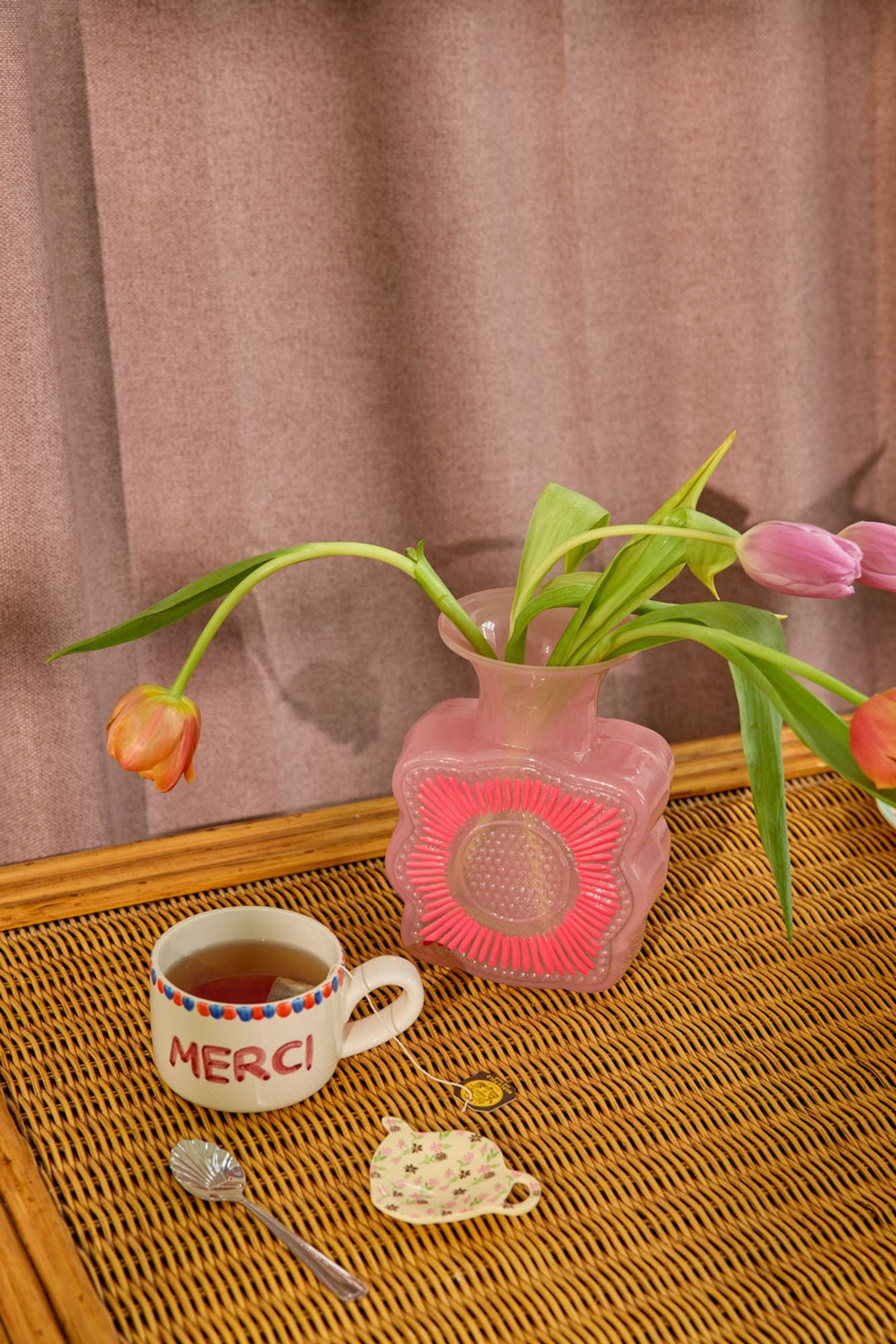 Glass Vase with Embossed Flower Design - Soft Pink - 1L