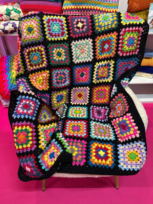 Patchwork Granny Square Blanket with Black Border