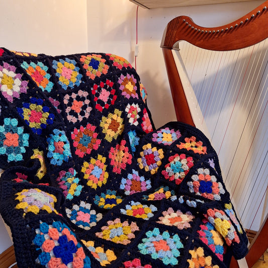 Chunky Patchwork Granny Square Blanket with Navy Border
