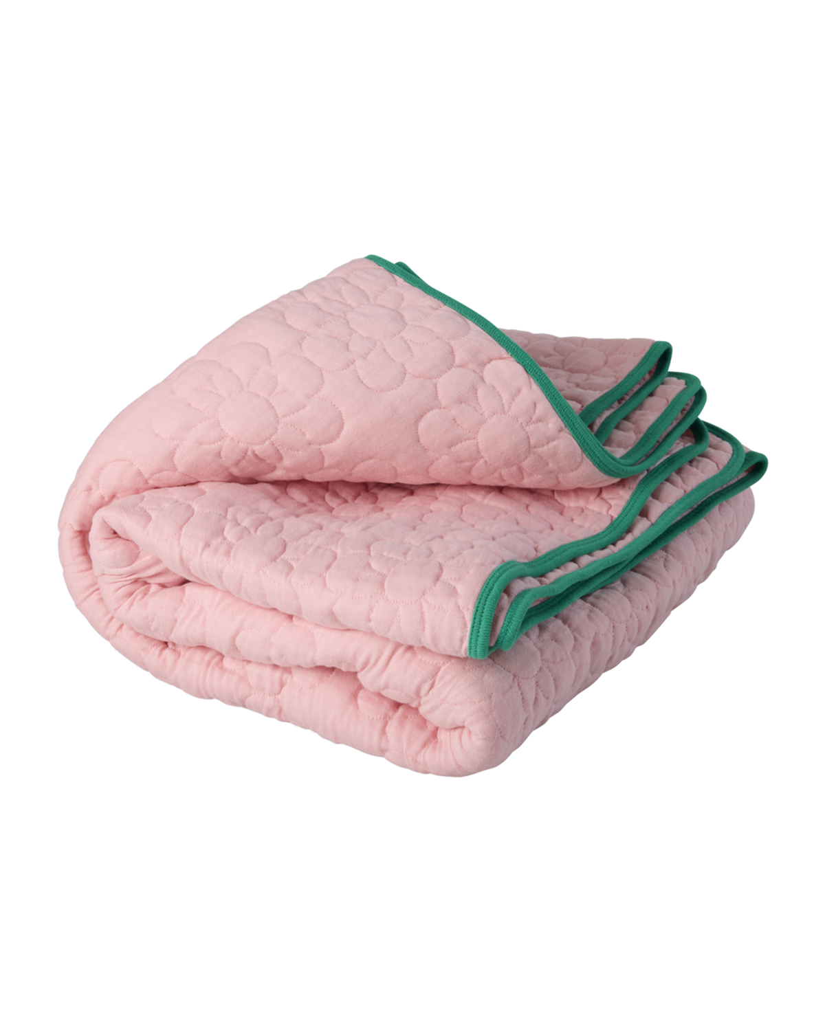 Quilt Blanket in Flower Pattern in Soft Pink with Green Trim