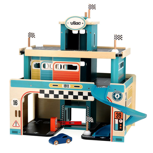 Vilac Vintage Wooden Toy Garage with Car Lift and Spiral Ramp