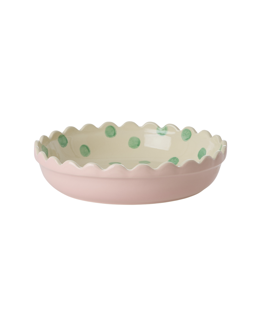Stoneware Pie Dish in Two Tone Pink and Cream with Green Dots - Small