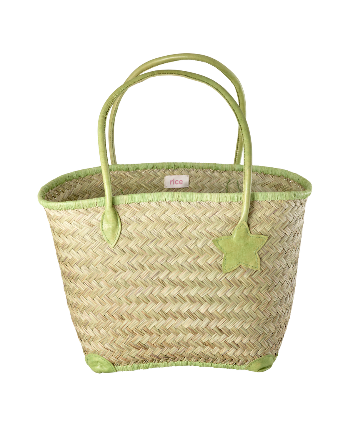 Raffia Bag with Green Leather Handles - Large