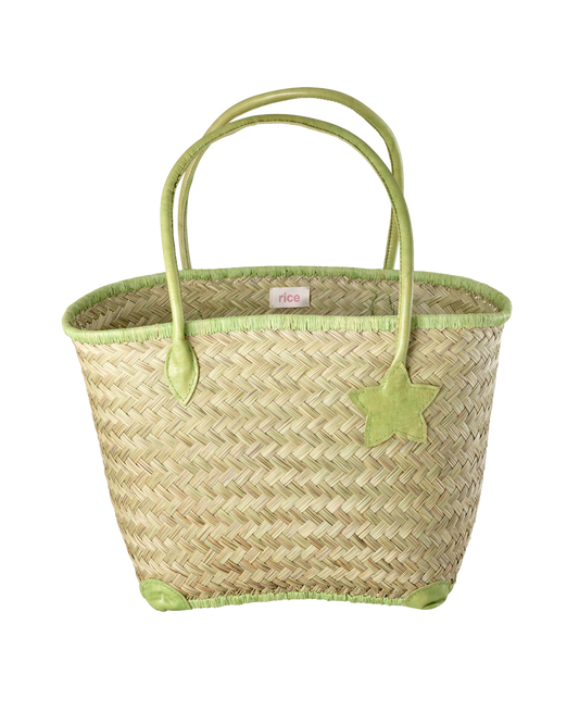 Raffia Bag with Green Leather Handles - Large