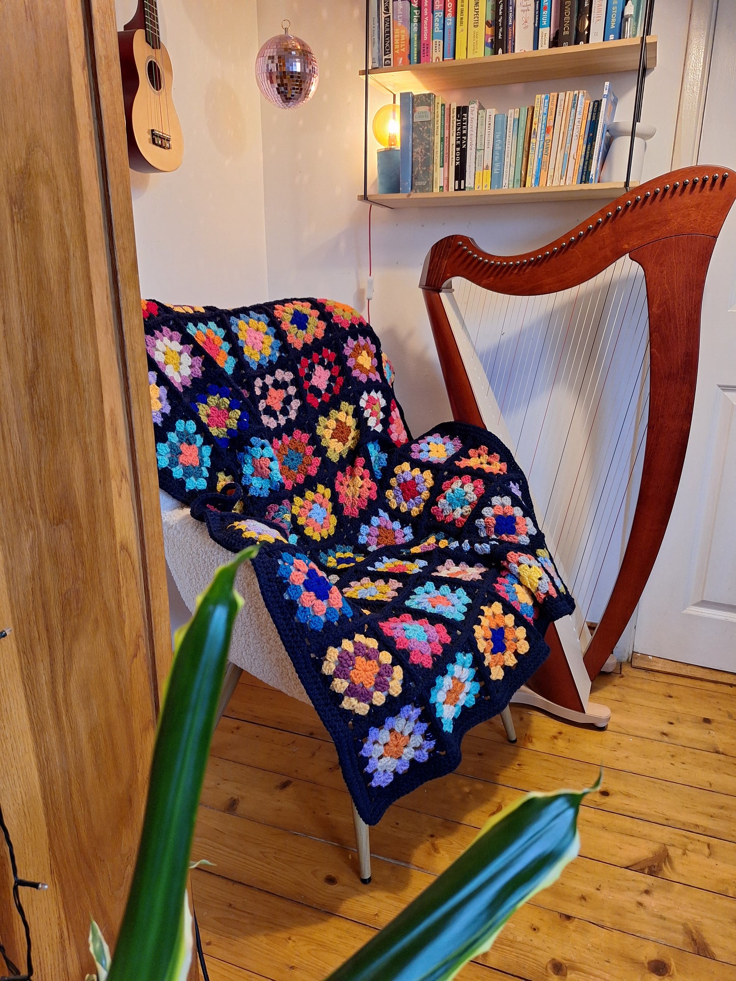 Chunky Patchwork Granny Square Blanket with Navy Border