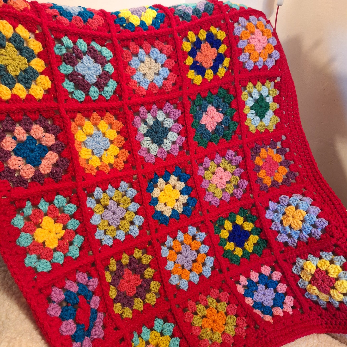 Chunky Patchwork Granny Square Lap Blanket with Red Border