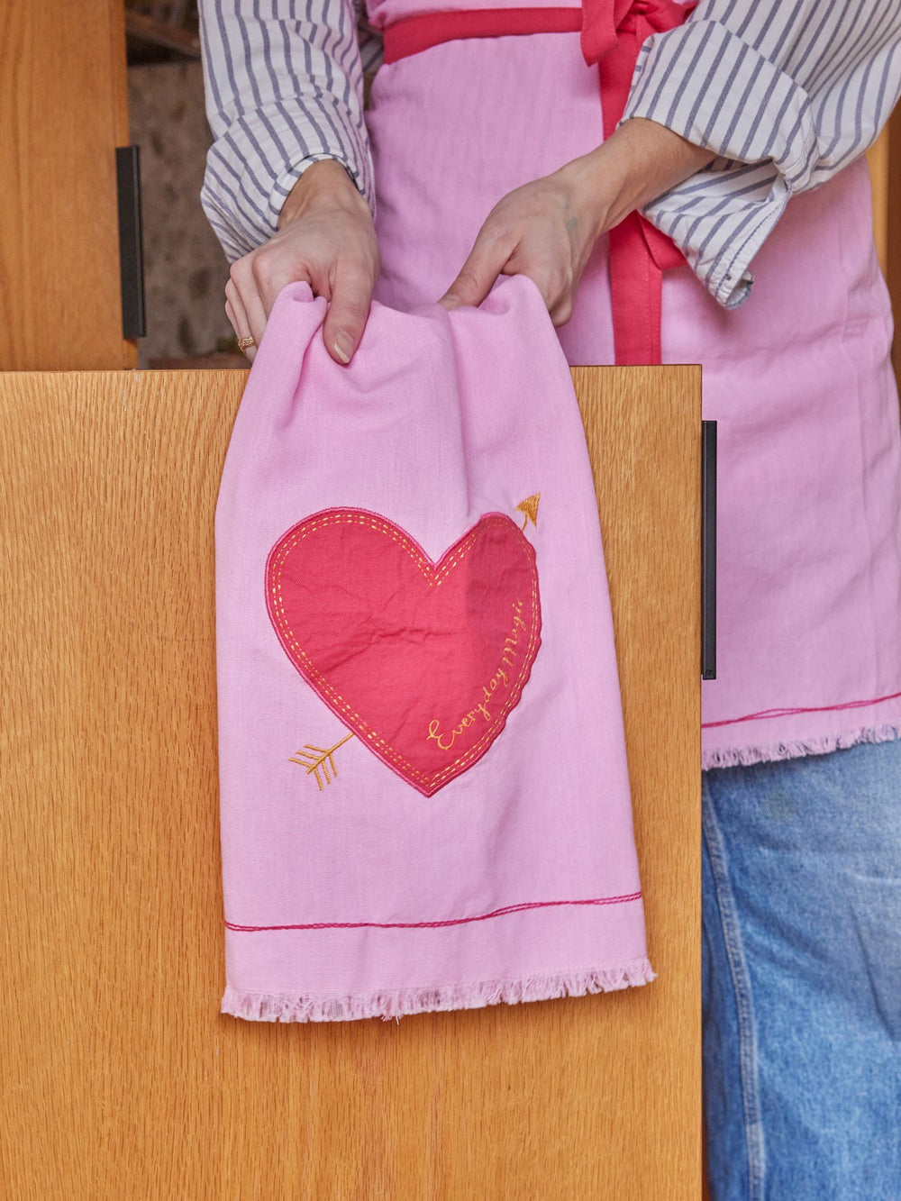 Pink Cotton Heart Tea Towel