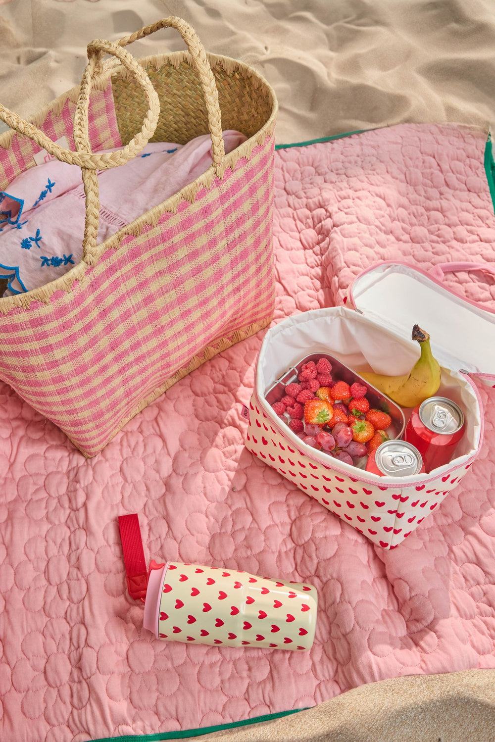 Cooler Bag - Red Hearts Print in Cream - small