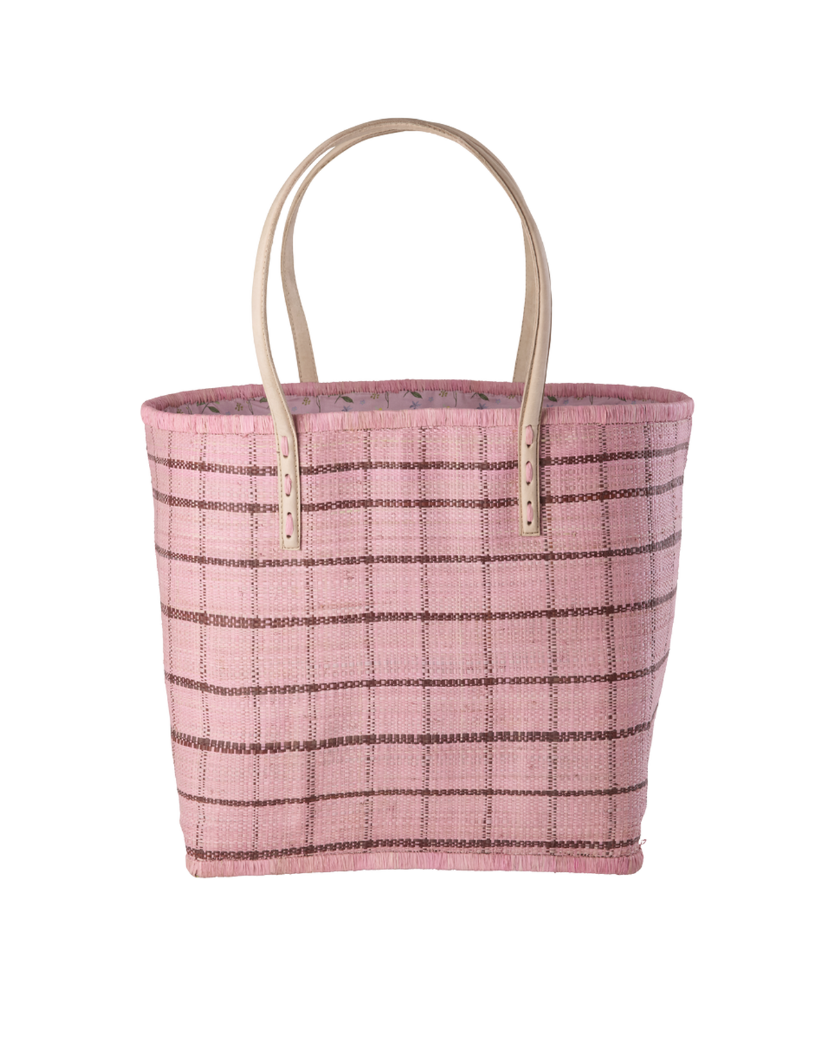 Raffia Bag in Soft Pink and Brown Checks