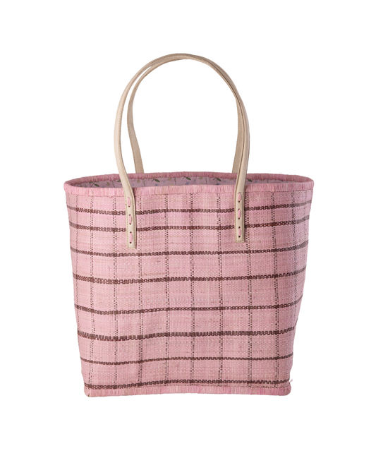 Raffia Bag in Soft Pink and Brown Checks