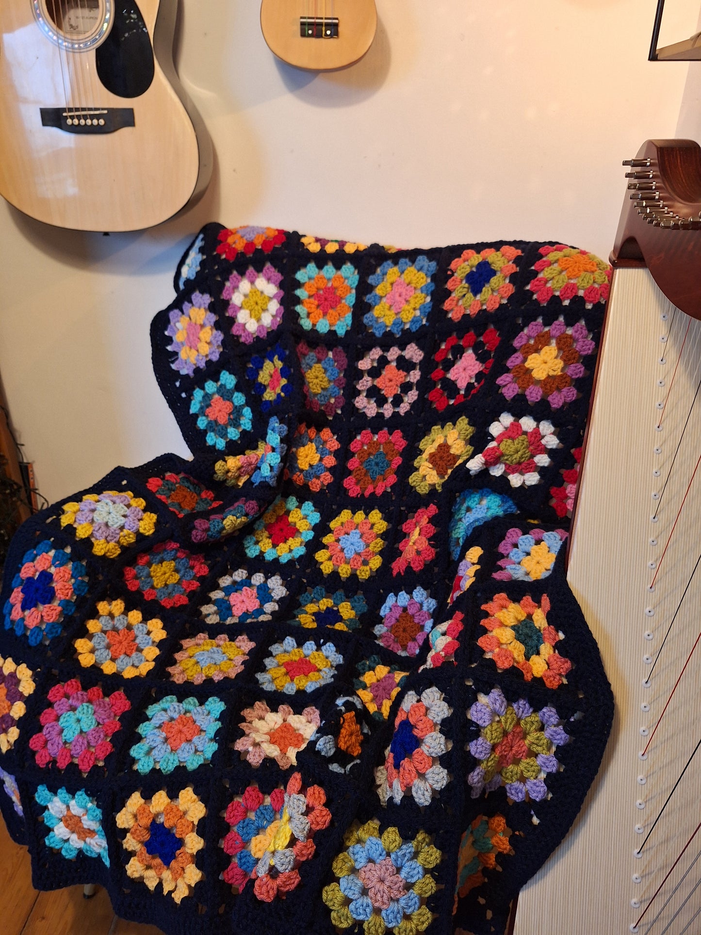 Chunky Patchwork Granny Square Blanket with Navy Border