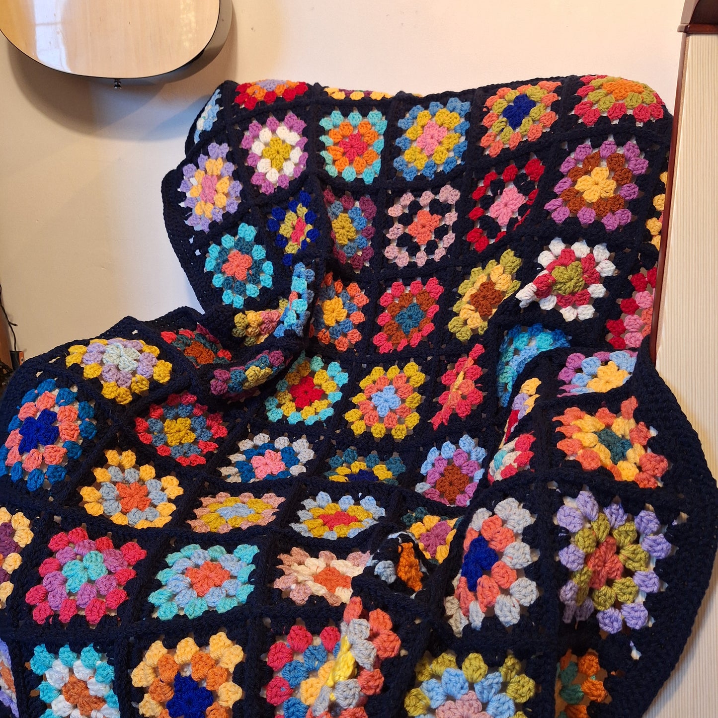 Chunky Patchwork Granny Square Blanket with Navy Border