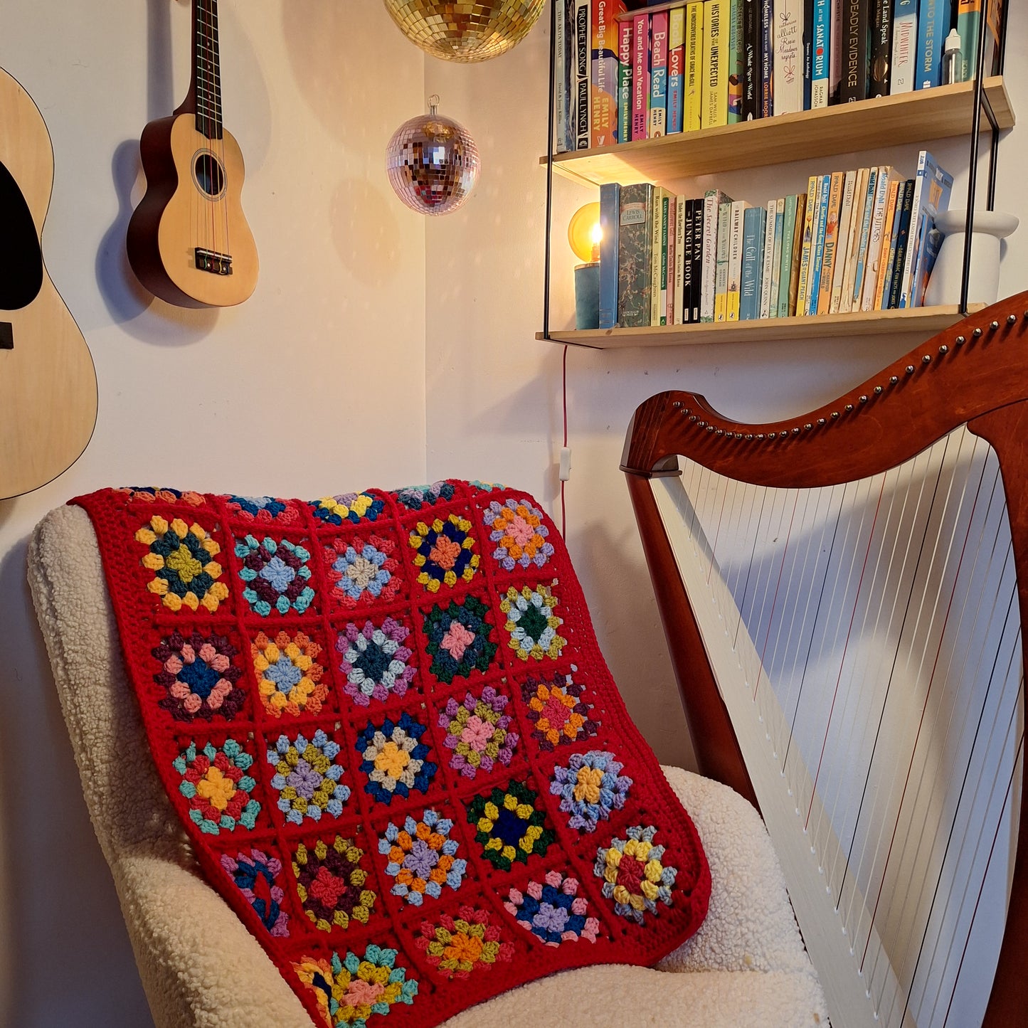 Chunky Patchwork Granny Square Lap Blanket with Red Border