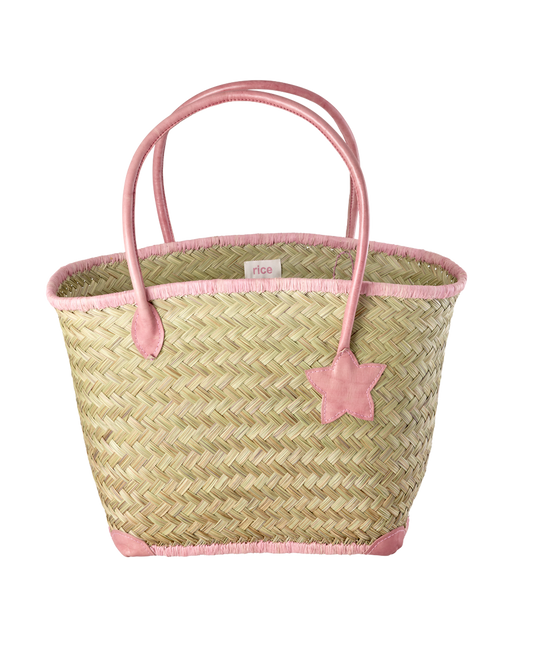 Raffia Bag with Pink Leather Handles - Large