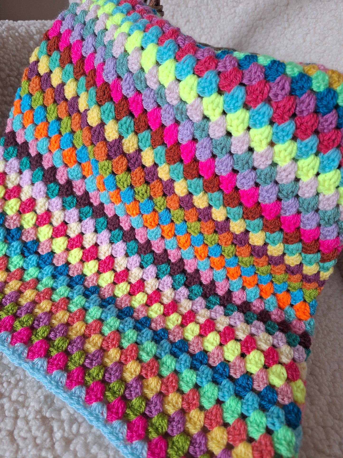 Bright & Bold Random Stripe Granny Stitch Crochet Baby Blanket – Handmade by Denise