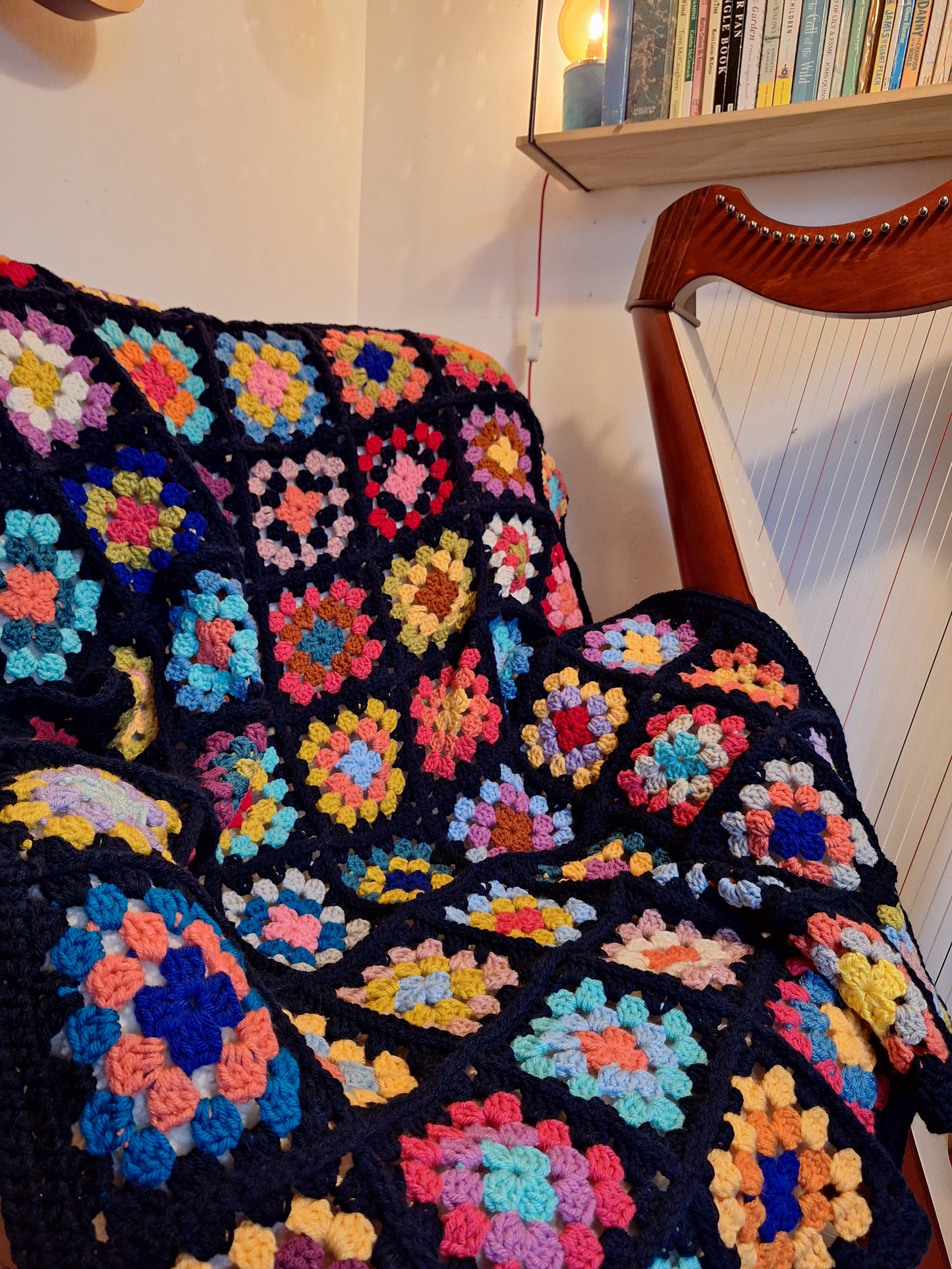 Chunky Patchwork Granny Square Blanket with Navy Border