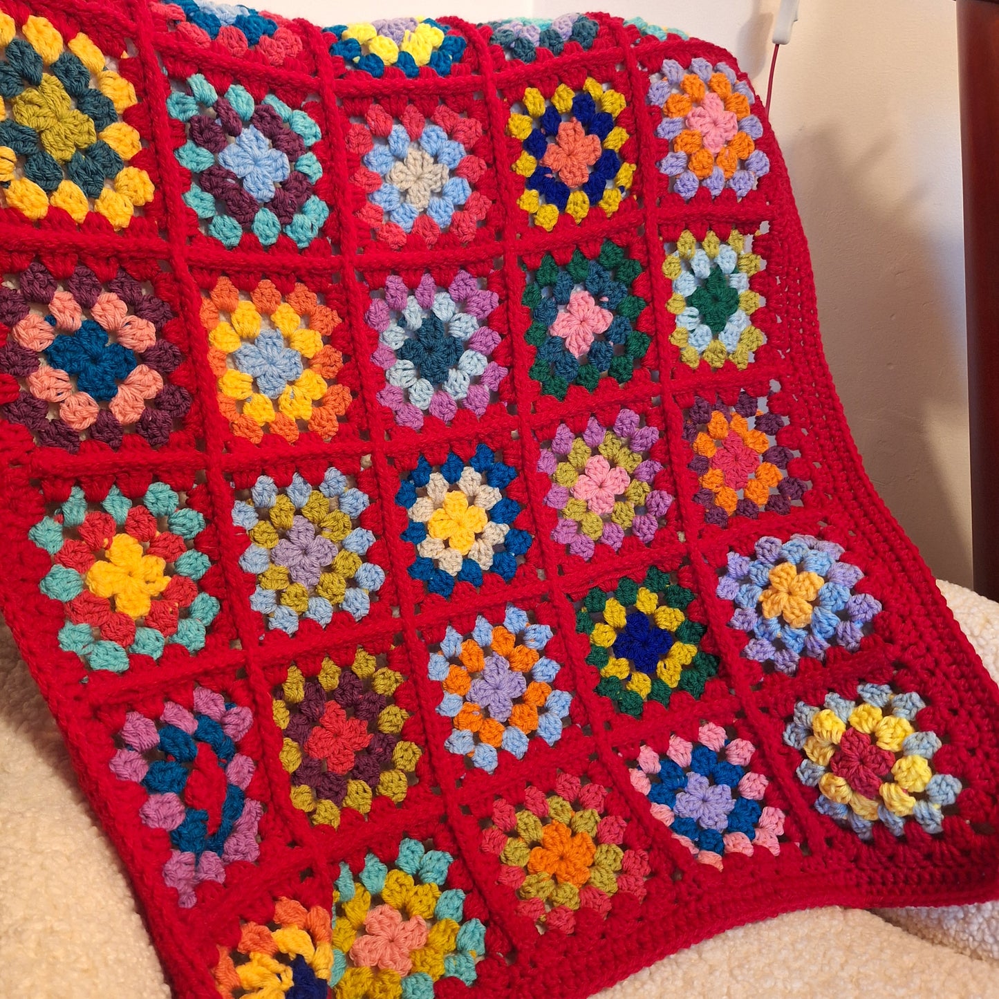 Chunky Patchwork Granny Square Lap Blanket with Red Border