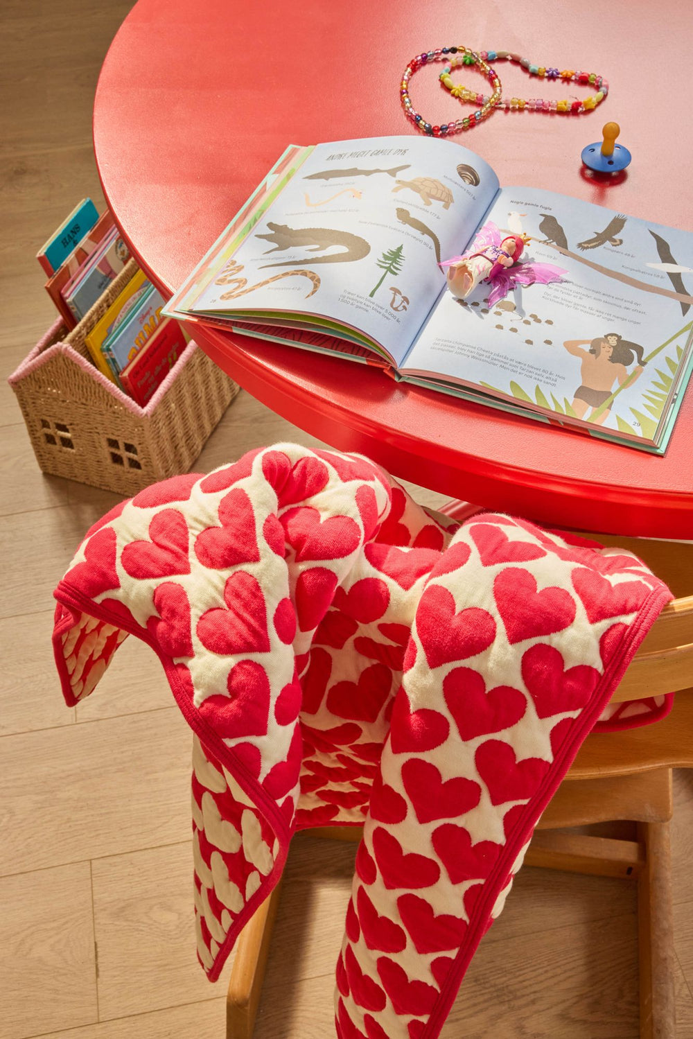 Kids Quilted Blanket in Heart Pattern - Cream and Red