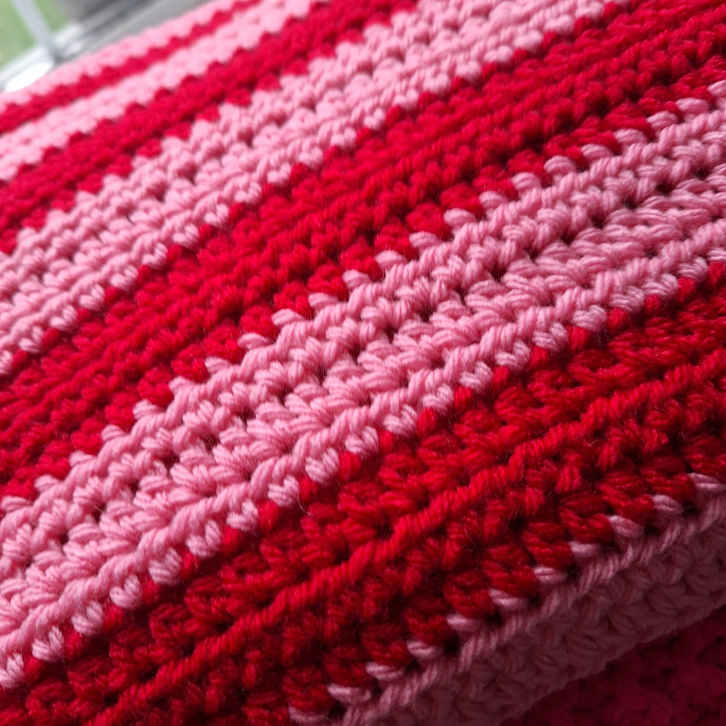 Chunky Stripe Crochet Blanket in Pink and Red – Handmade by Denise