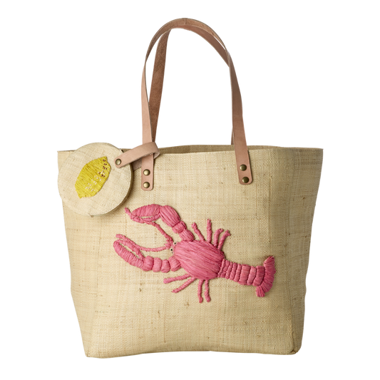 Raffia Bag with Lobster Embroidery and Coin Purse