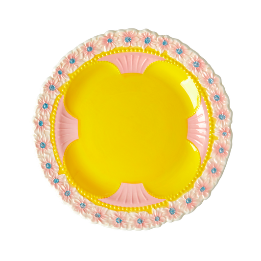 Ceramic Lunch Plate by Rice with Embossed Flower Design - Yellow